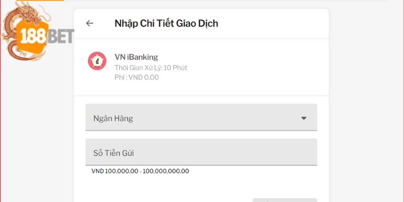 Giao diện nạp tiền 188BET qua VN iBanking